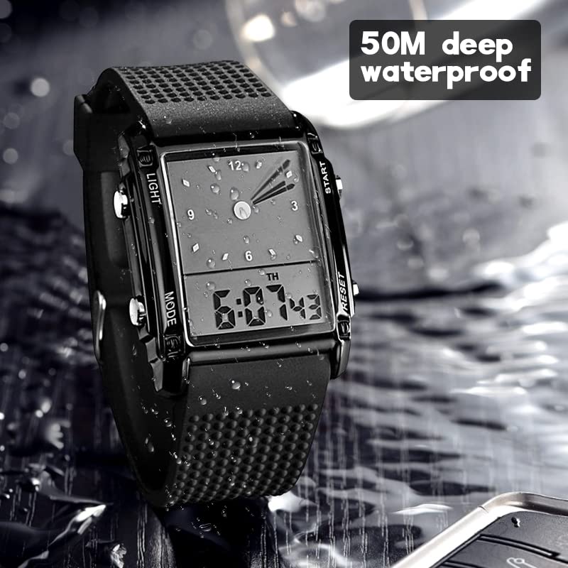 Men's Rectangle Dial Sports Wrist Watches with 7 Colors Optional LED Backlight Multifunctional Alarm Stopwatch 12/24H Rubber Strap Watch