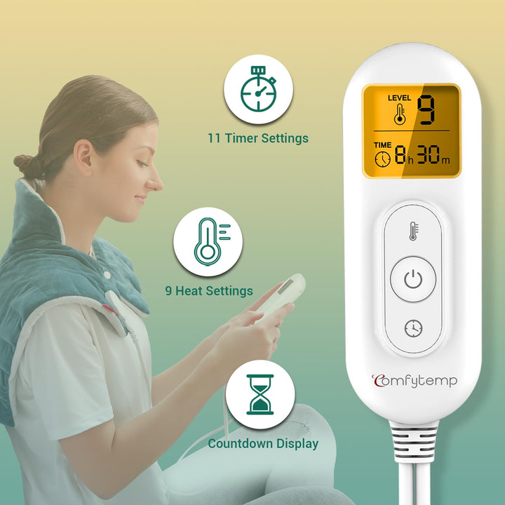 Comfytemp Weighted Heating Pad For Neck And Shoulders, 2.2Lb Large Electric Heated Neck Shoulder Wrap For Pain Relief - 9 Heat Settings, 11 Auto-Off With Countdown, Stay On, Backlight - 19X22