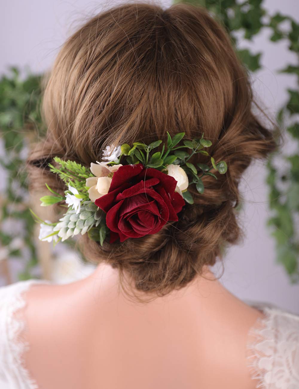 Bridal Flower Hair Comb Burgundy Dark Red Rose Cream Daisy Eucalyptus Greenery Headpiece for Rustic Wedding Photo Shoot Prom Party Festival