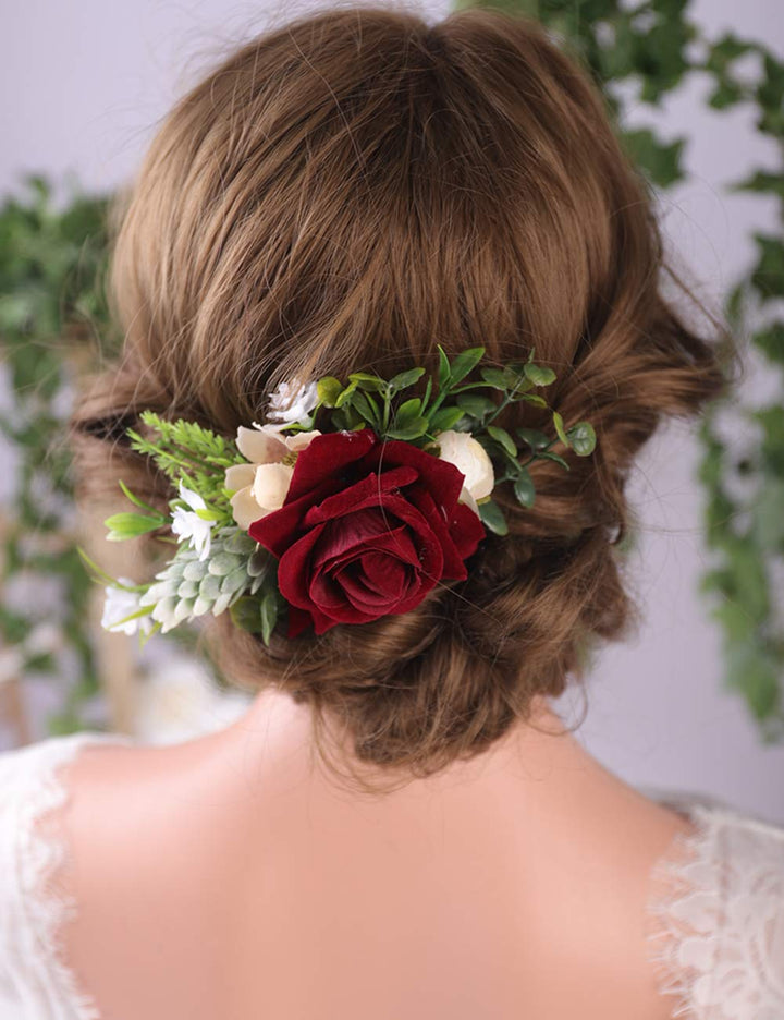 Bridal Flower Hair Comb Burgundy Dark Red Rose Cream Daisy Eucalyptus Greenery Headpiece for Rustic Wedding Photo Shoot Prom Party Festival