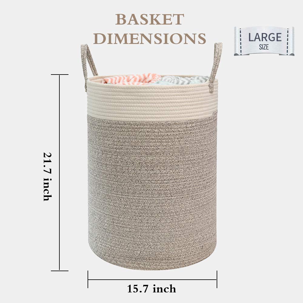 Large Tall Cotton Rope Basket, 15.7x15.7x21.7in Laundry Basket with Handle, Nursery Organizers and Storage for Blanket Towel Clothes Organizing (White&amp;Brown)