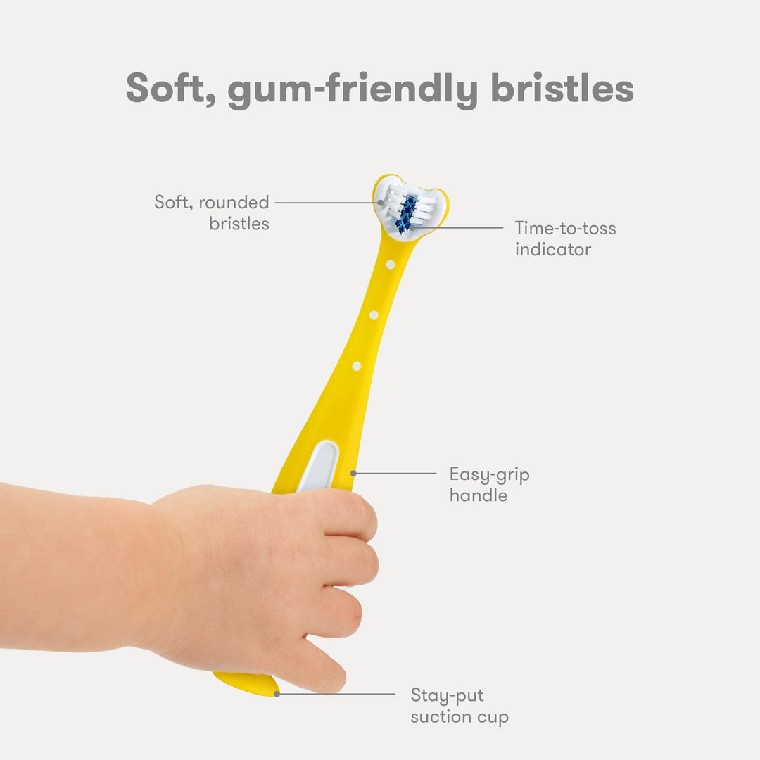 Frida Baby Triple-Angle Toothhugger Training Toddler Toothbrush | Toddler Toothbrush 2 Years and Up, Cleans All Sides at Once | Yellow