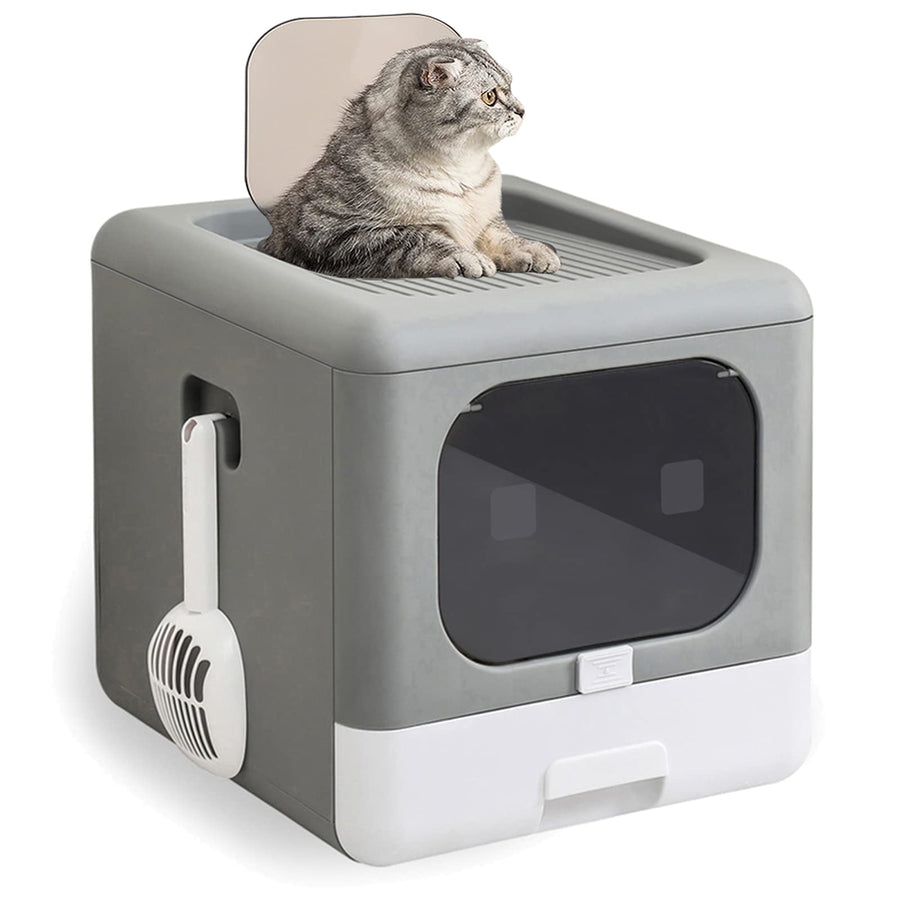 Top Entry Foldable Cat Litter Box with Lid, Plastic Scoop,Extra Large Space,Drawer Structure,Closed Smell Proof Anti-Splashing,Split Type for Easy Cleaning (New Grey)