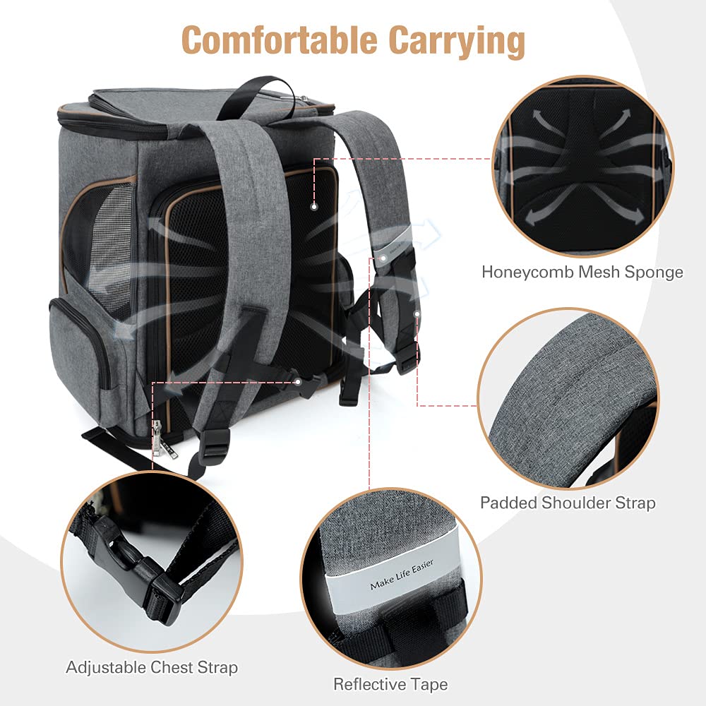 Cat Backpack Expandable Pet Carrier Backpack for Small Cats and Dogs, Airline-Approved Foldable Dog Carrier Backpack with Inner Safety Leash, Grey