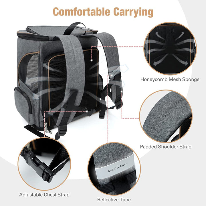 Cat Backpack Expandable Pet Carrier Backpack for Small Cats and Dogs, Airline-Approved Foldable Dog Carrier Backpack with Inner Safety Leash, Grey