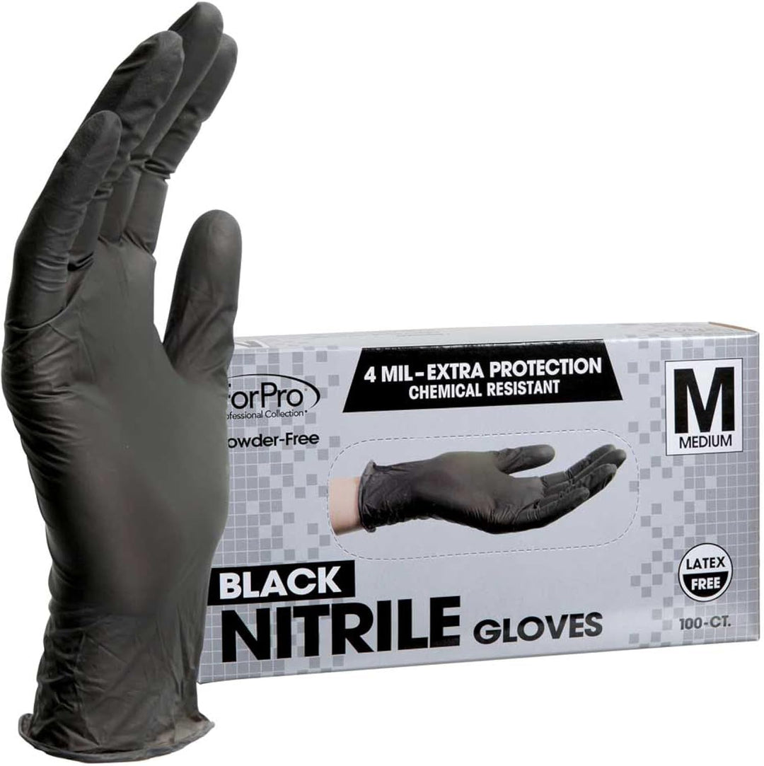 Disposable Nitrile Gloves, Chemical Resistant, Powder-Free, Latex-Free, Non-Sterile, Food Safe, 4 Mil, Black, Medium, 100-Count
