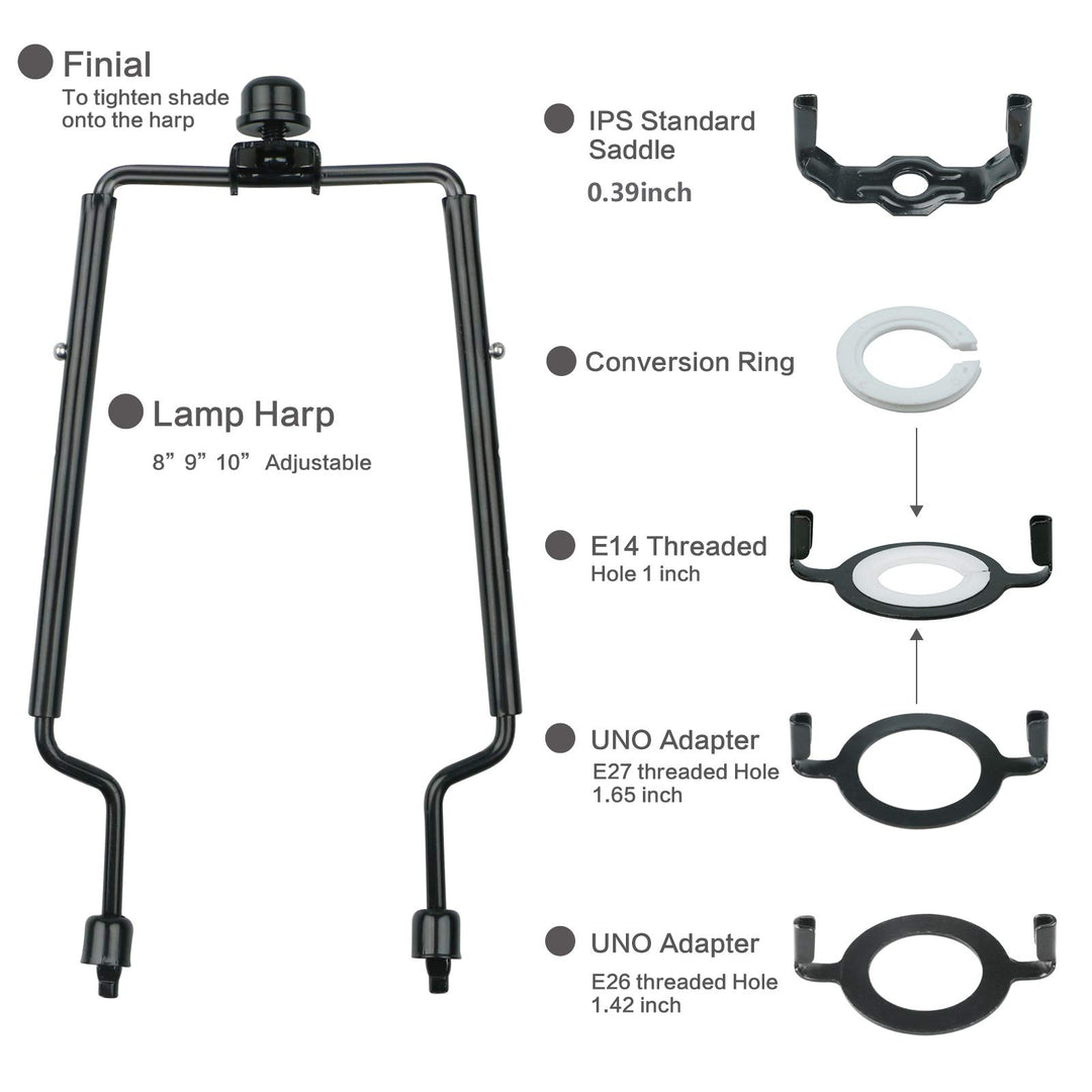 Lamp Shade harp Holder Lamp Harp Adapter 8 9 10 inch Works with Most of Lamp Style Adjustable 3/8 IP Standard,E14,E26,E27 Light Base UNO Fitter Adapter Converter Finial Set -Black