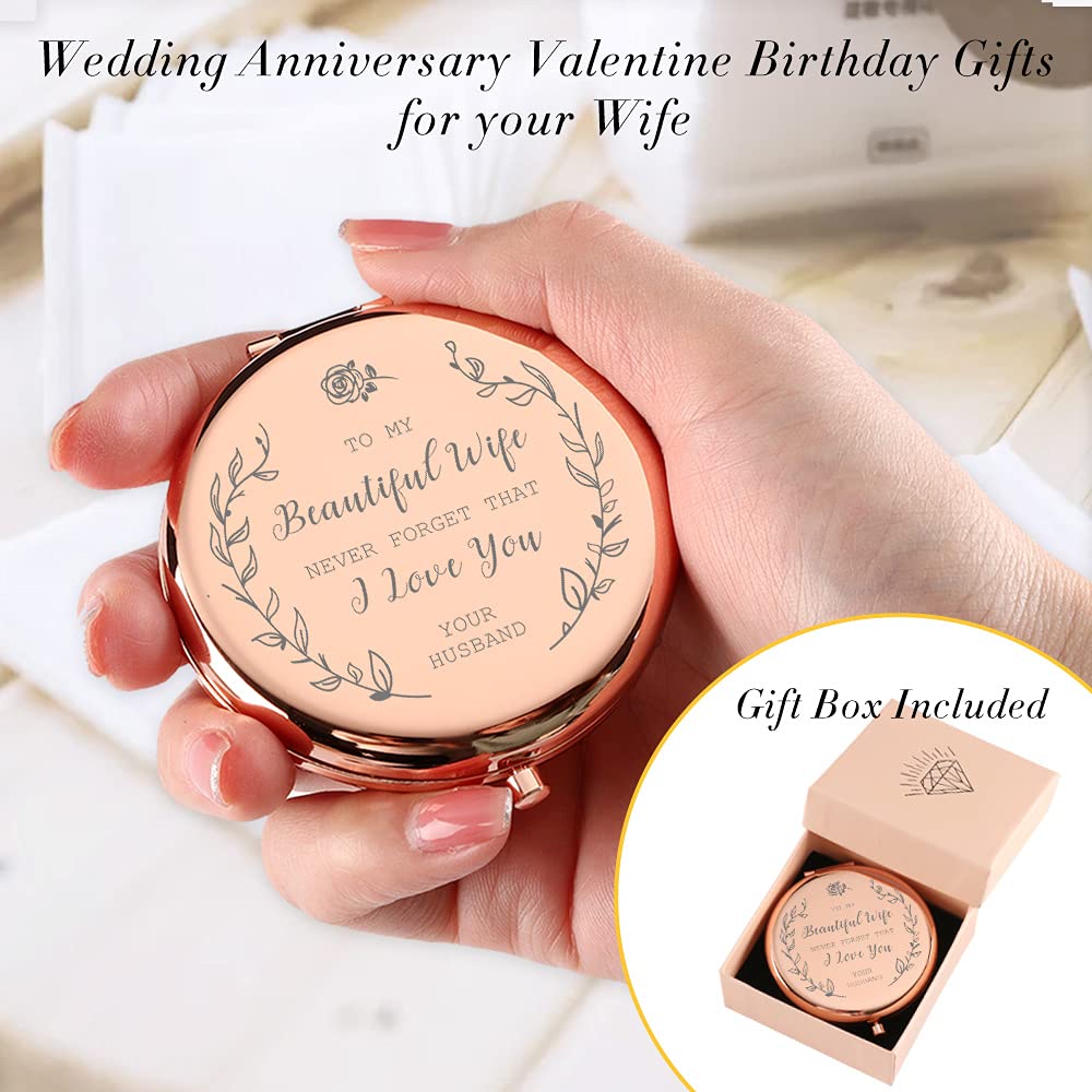Java Wood Gifts for Wife to My Beautiful Wife Rose Gold Compact Makeup Mirror,I Love You Best Birthday Gift for Wife,Wedding Gifts,Gifts for Wife Romantic,Valentines Day Gifts for Wife