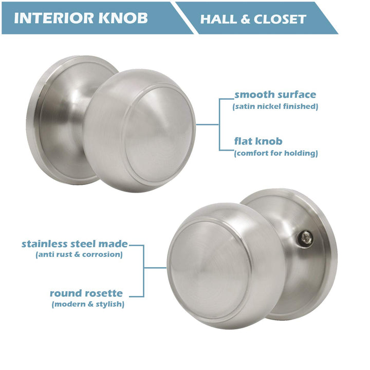 Stainless Steel Passage Door Lock Satin Nickel Interior Keyless Round Door Knob Handle Lockset, 1Pack