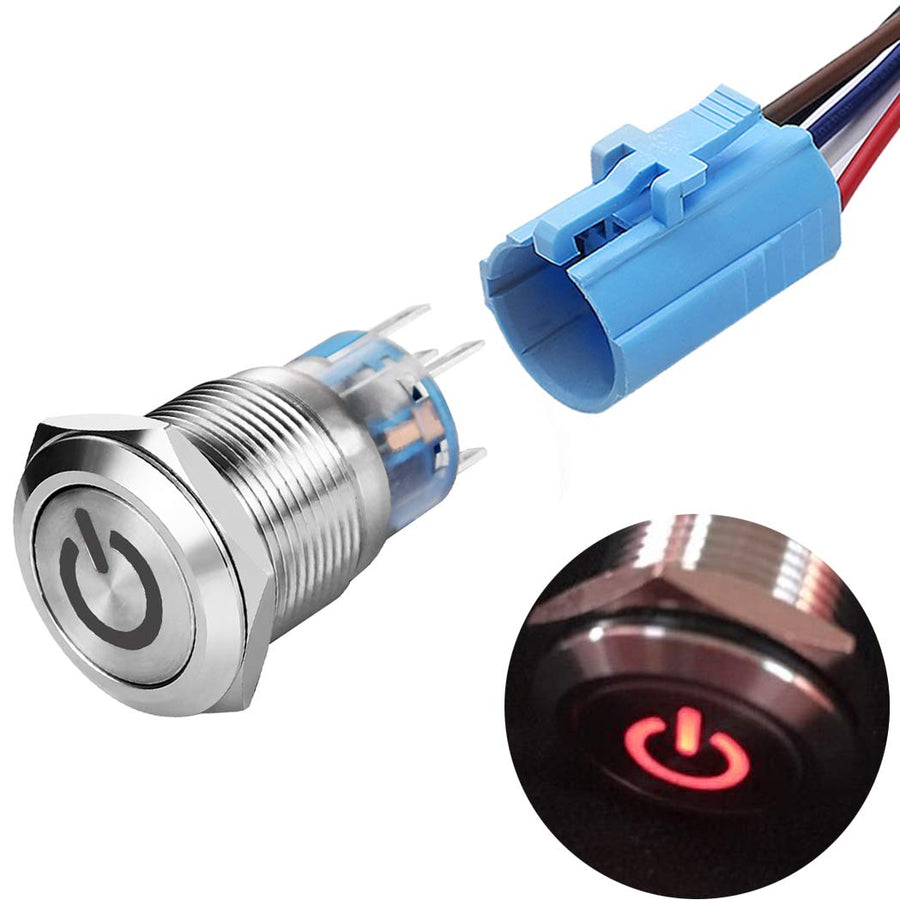 19mm 3/4 Latching Pushbutton Switch LED 12V DC 5A Power Symbol ON-OFF Waterproof Toggle Switch Stainless Steel Shell with Wire Connector Plug(Red light)