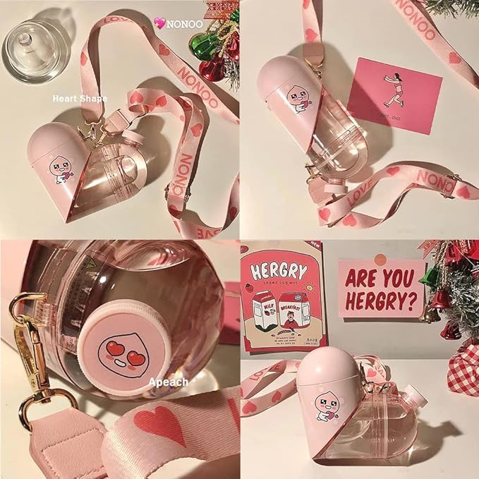 NONOO Back To School Water Bottle Cute Water Bottle With Snack Compartment&amp;Strap Gift For Kids Girls Women Teen(Pink)