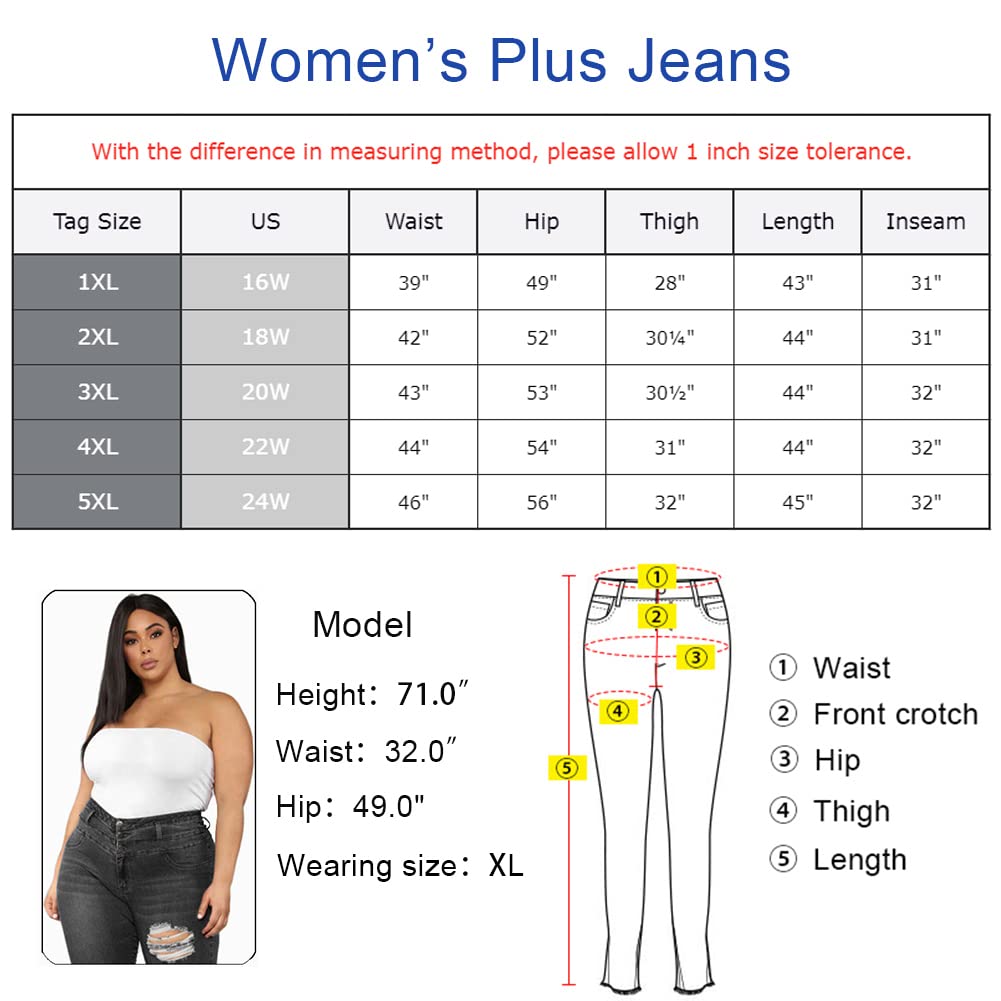 Women&#39;s Plus Size Ripped Skinny Jeans High Waist Stretch Slim Fit Distressed Denim Pants High-Rise Girlfriend Tight Jean Pants (Ripped Skinny Dark Blue, 2XL)