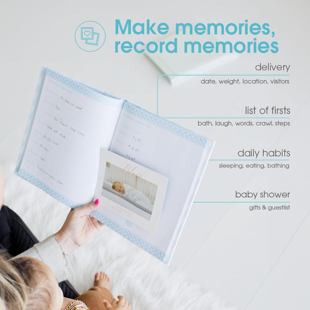 Pearhead Baby Memory Book, First 5 Years Baby Milestone Book, Pregnancy Journal, Holiday Gift, Gender Neutral Newborn Keepsake, With Clean-Touch Ink Pad For Baby's Handprint or Footprint, Blue Chevron