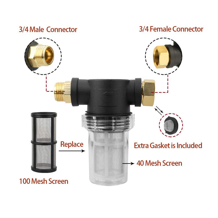 Garden Hose Inlet Filter for High Pressure Washer, Sediment Filter Attachment, 40 Mesh Screen, Extra 2 Pcs 100 Mesh, 3PCS O-Ring and 4PCS Filter Hose Washer