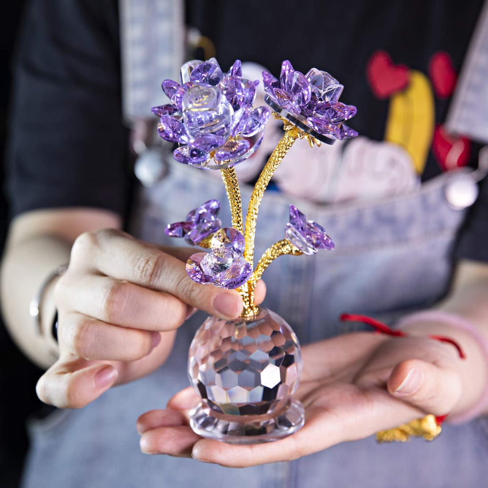 QFkris Purple Crystal Rose Flower Figurine Collectible 