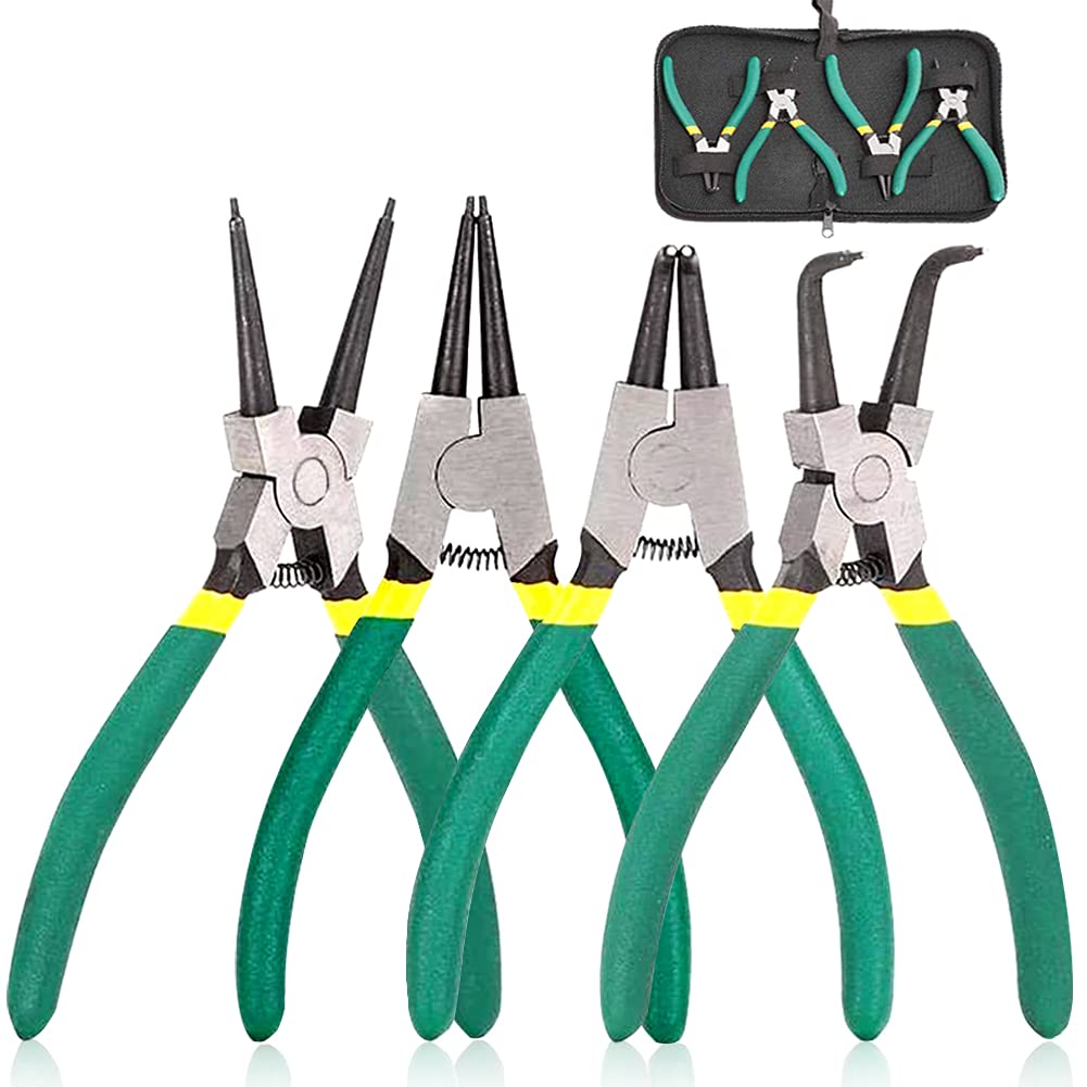 4pcs 7-Inch Snap Ring Pliers Set Heavy Duty Internal/External Circlip Pliers Kit with Straight/Bent Jaw CR-V Steel for Ring Remover Retaining C Clip Pliers with Storage Bag