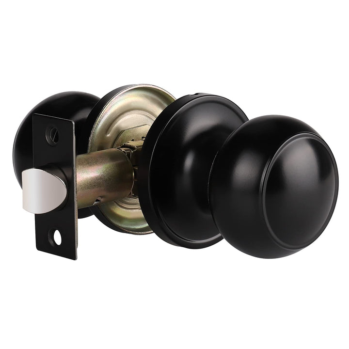 Keyless Passage Door Lockset Flat Ball Knob for Hall/Closet Black Color 1Pack