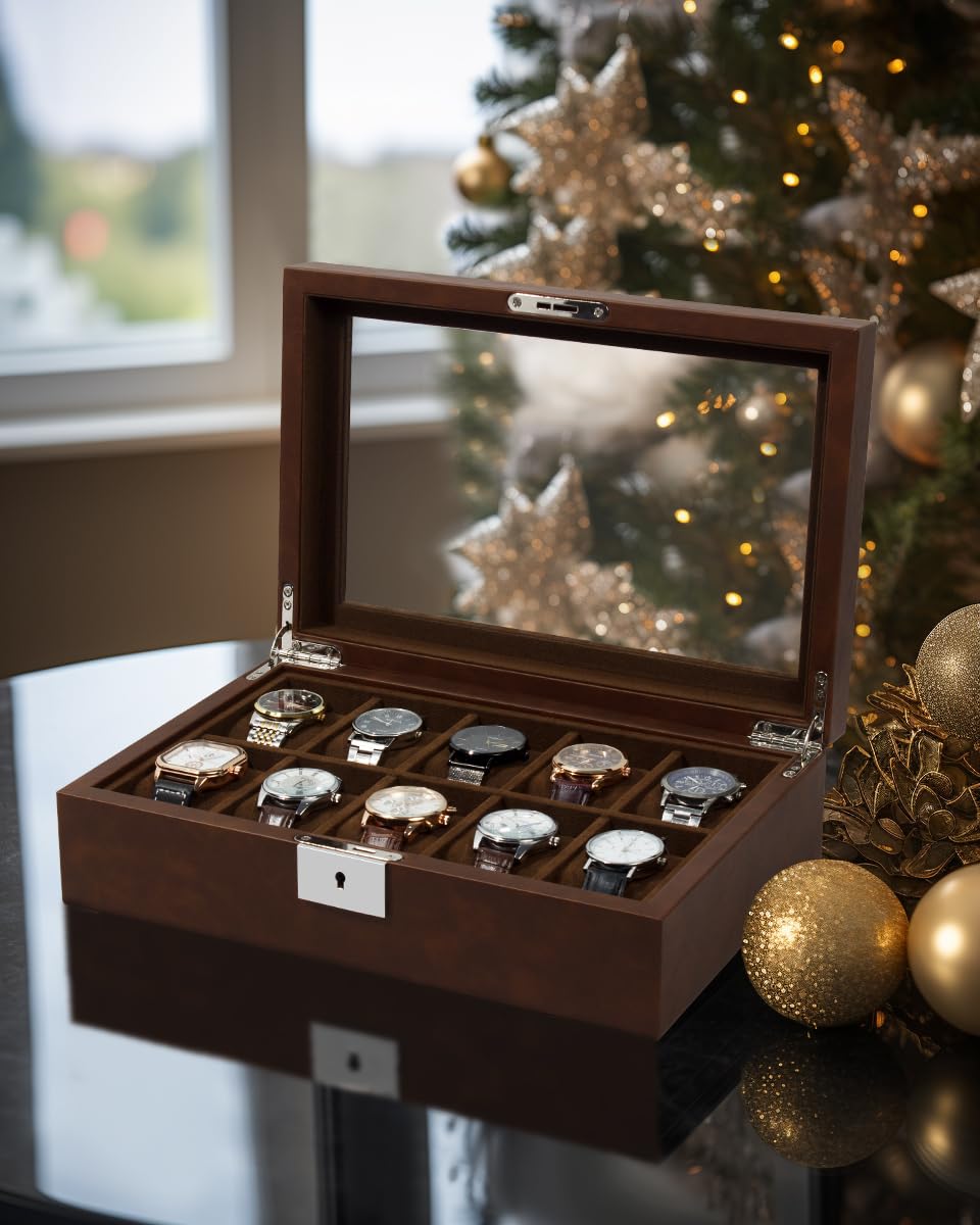 Watch Box, Luxury 10 Slot Watch Case with 55MM Wide Velvet Pillows, Watch Organizer Storage with Real Glass Lid, Watch Display Case for Men and Women Gift, Brown