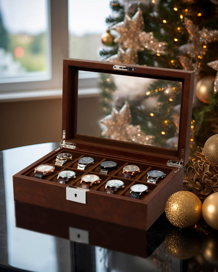Watch Box, Luxury 10 Slot Watch Case with 55MM Wide Velvet Pillows, Watch Organizer Storage with Real Glass Lid, Watch Display Case for Men and Women Gift, Brown