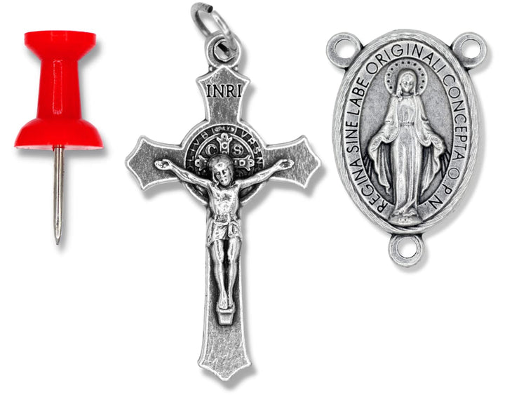 Italian Rosary Making Kit for 5 Rosaries - Catholic Rosary Cross and Center Sets with 1.5” St Benedict Crucifix and 1” Miraculous Medal Rosary Center Pack of 5 Bulk Rosary Parts