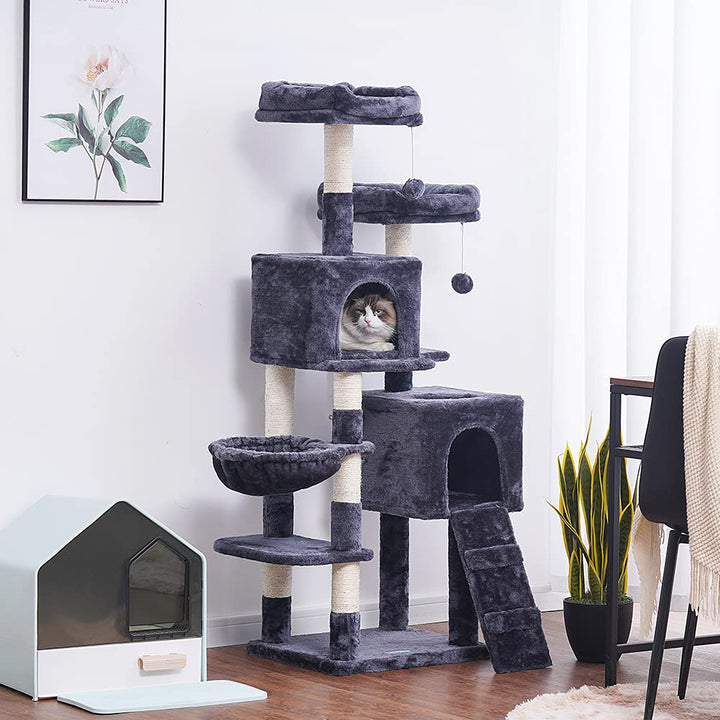58&#39;&#39; Multi-Level Cat Tree Condo Furniture with Sisal-Covered Scratching Posts, 2 Plush Condos, Hammock for Kittens, Cats and Pets Smokey Gray MPJ013G