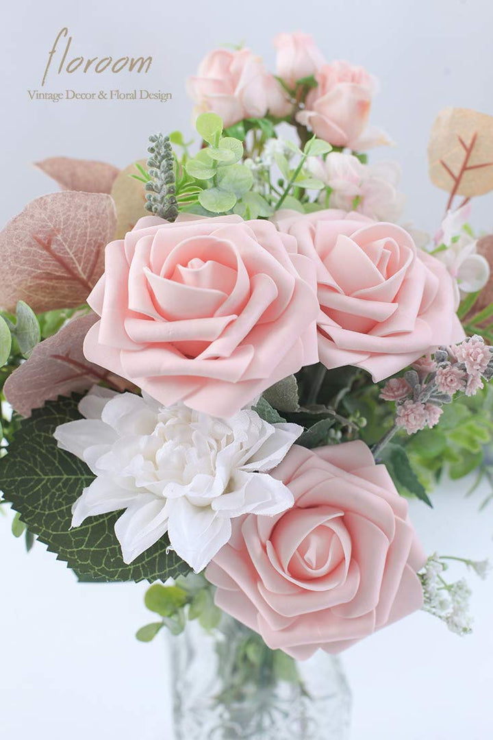 Artificial Flowers 25pcs Real Looking Blush Foam Fake Roses with Stems for DIY Wedding Bouquets Bridal Shower Centerpieces Party Decorations