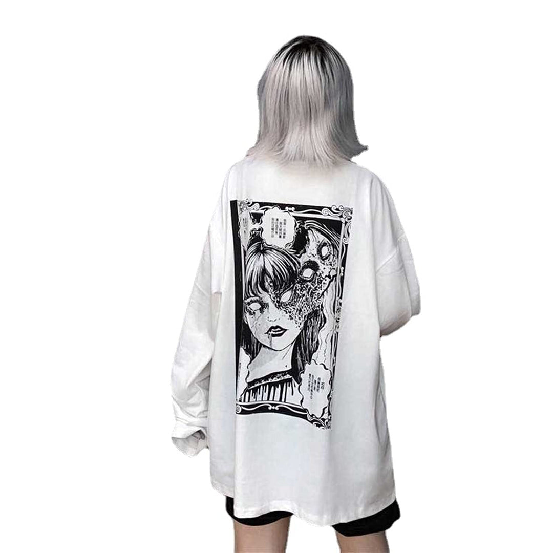 Gothic Cartoon Horror Graphic T-Shirt Women Character Print Loose Punk Japanese Pullover Top Harajuku Street Tees (White, L)