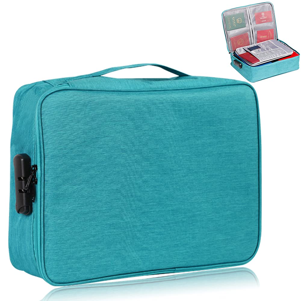 Oxford Document Bag with Safe Lock, Multi-Layer Storage Pouch, Diploma Without Vibration, Portable for MacBook, Passport, Package File, A4 Size, Lake Blue