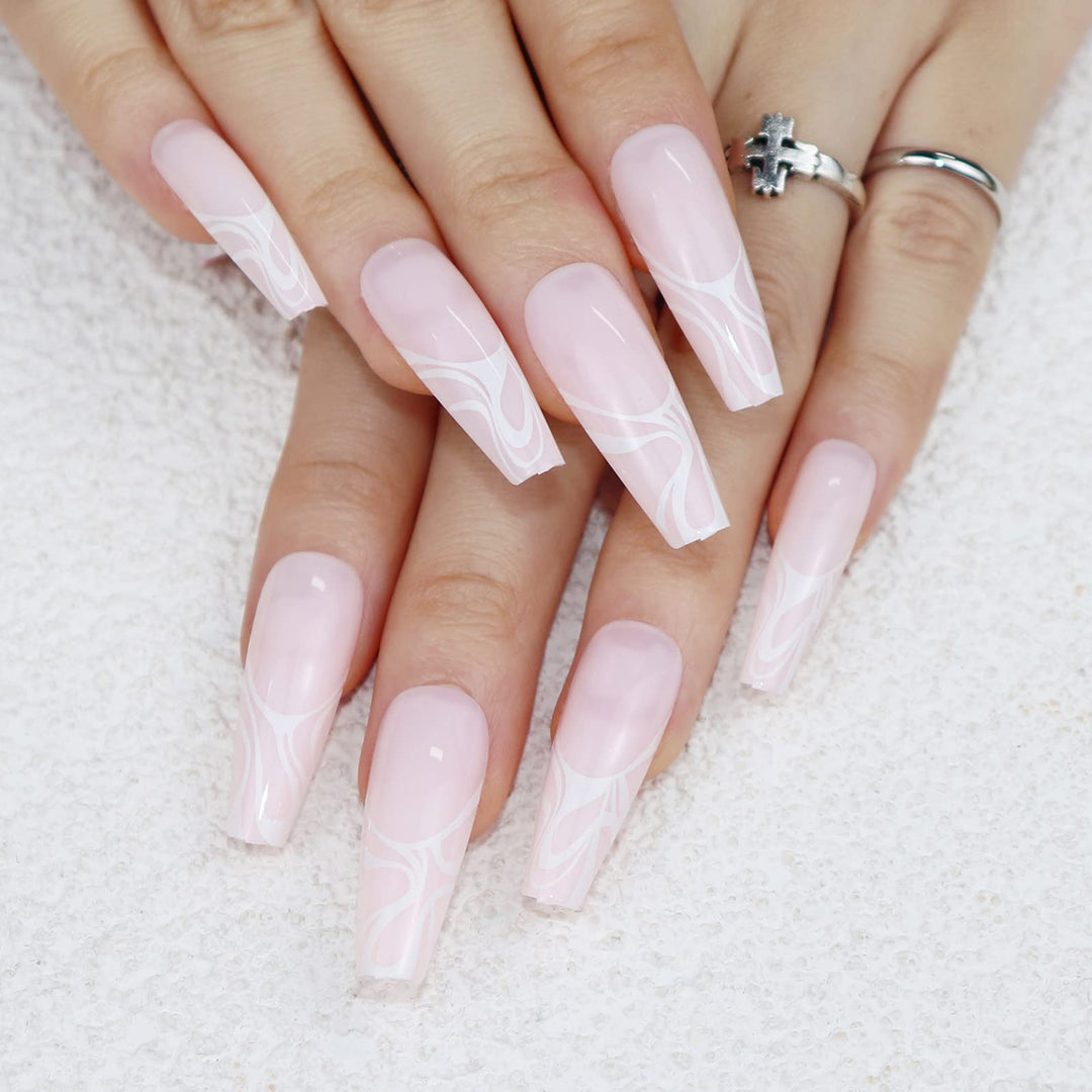 Long Ballerina Press on Nails Glossy Coffin Fake Nails Full Cover False Nails White Wave Glue on Nails for Women Nail Art Salon DIY Decoration