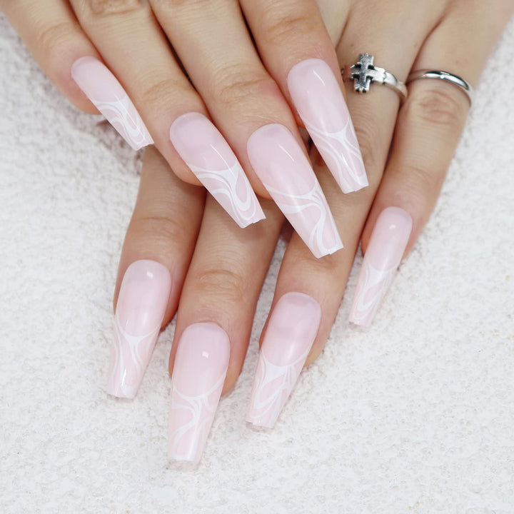 Long Ballerina Press on Nails Glossy Coffin Fake Nails Full Cover False Nails White Wave Glue on Nails for Women Nail Art Salon DIY Decoration