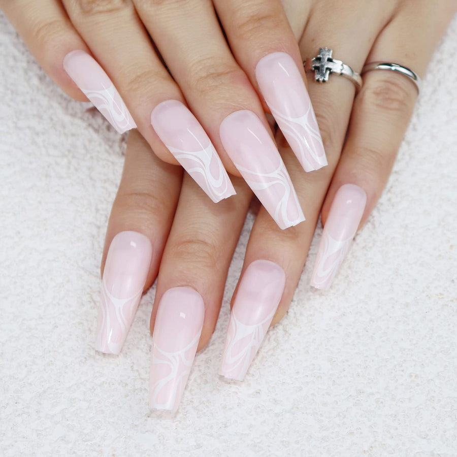 Long Ballerina Press on Nails Glossy Coffin Fake Nails Full Cover False Nails White Wave Glue on Nails for Women Nail Art Salon DIY Decoration