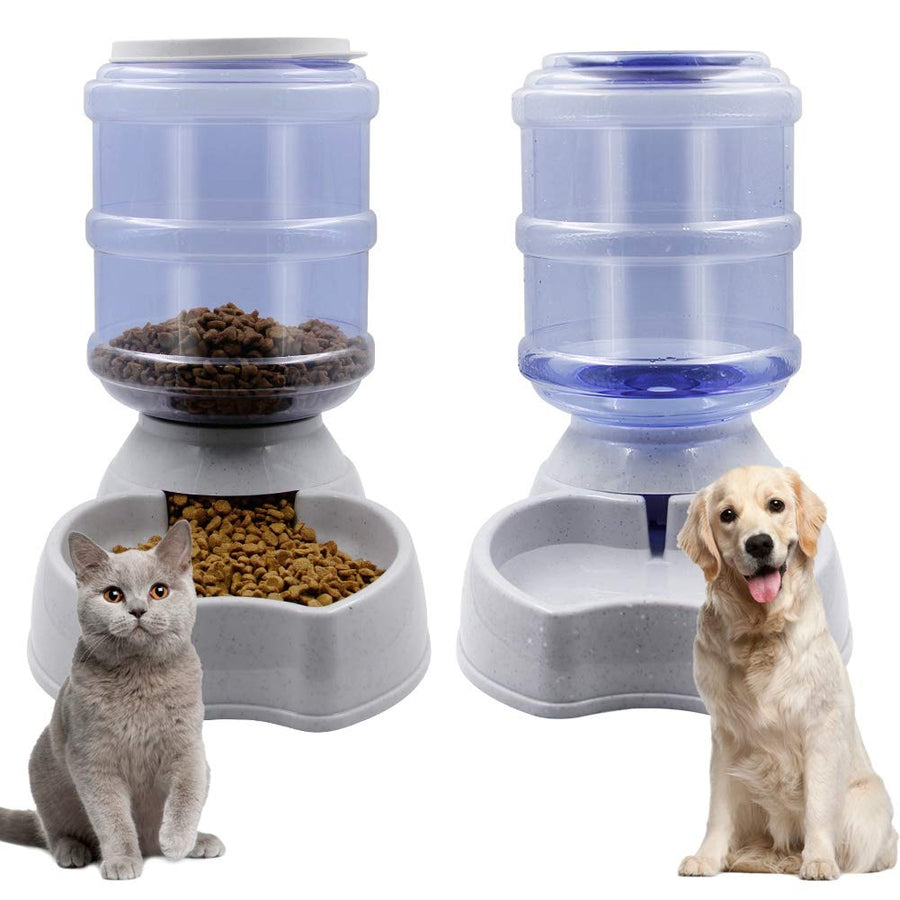 Automatic Cat Feeder and Water Dispenser Set, 1 Gal x 2 Gravity Dog Water Fountain Pet Food Feeder (Grey)