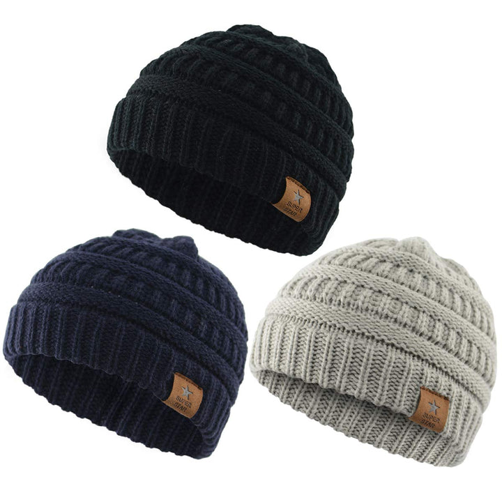 Soft Warm Knitted Baby Hats Caps Cute Cozy Chunky Winter Infant Toddler Baby Beanies for Boys Girls 3 Pack Black &amp; Light Grey &amp; Navy