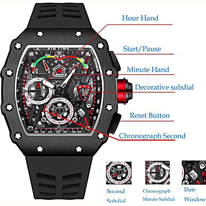 Mens Luxury Tonneau Square Watches Analog Punk Chronograph Unique Sports Wrist Watch Japanese Movement Luminous Design with Rubber Band (Black Black)