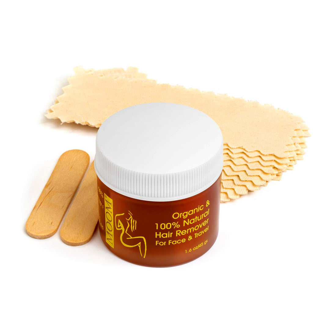 MOOM - Facial Sugaring Wax Travel Kit, Hair Removal for Chin, Eyebrows & Upper Lip - Made with Aloe Vera & Tea Tree Oil - Includes 1.6oz Jar, 6 Reusable Fabric Strips & 2 Wax Applicator Sticks