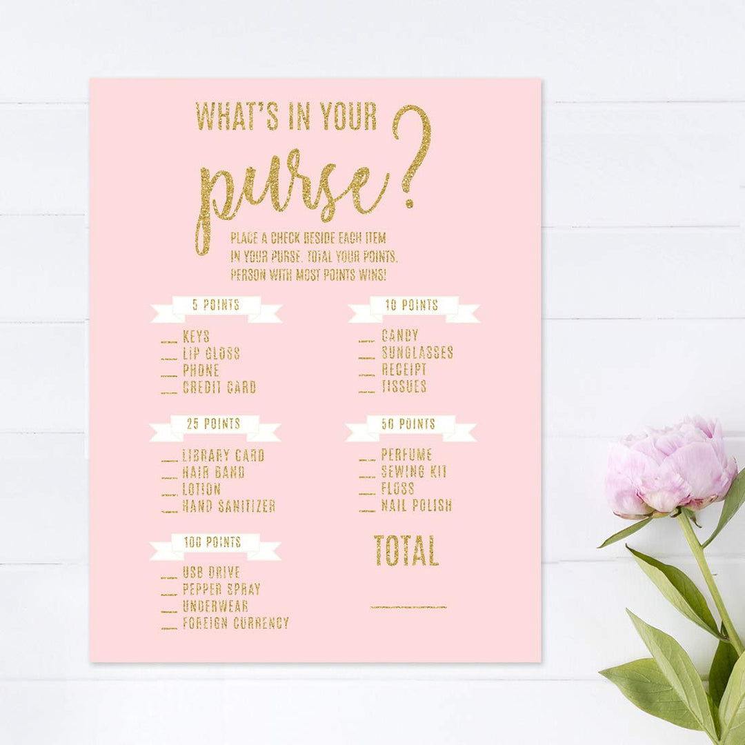 Andaz Press Blush Pink Gold Glitter Print Wedding Collection, What's in Your Purse Bridal Shower Game Cards, 20-Pack