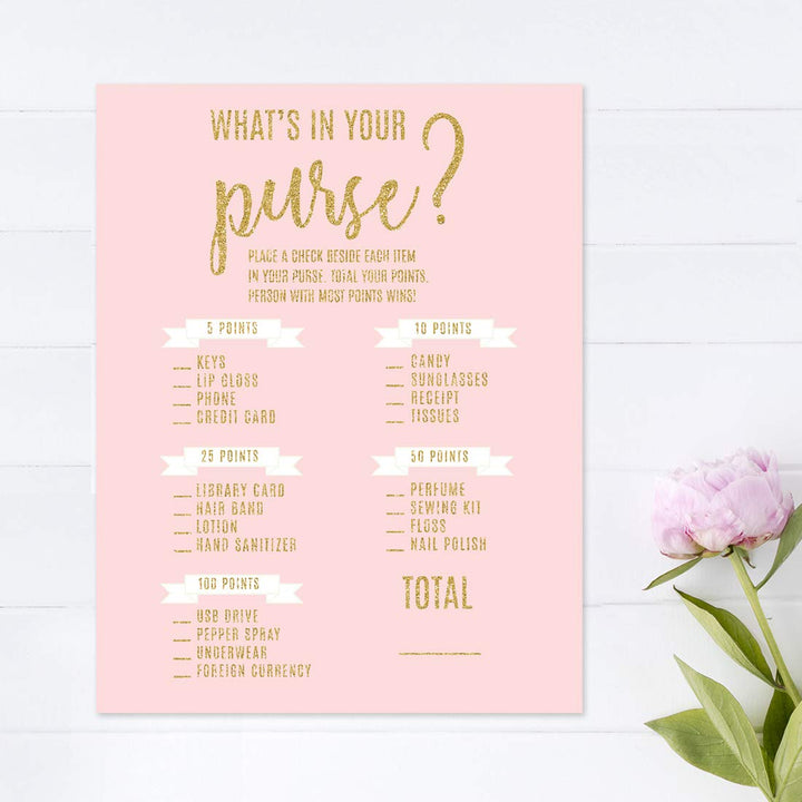 Andaz Press Blush Pink Gold Glitter Print Wedding Collection, What's in Your Purse Bridal Shower Game Cards, 20-Pack