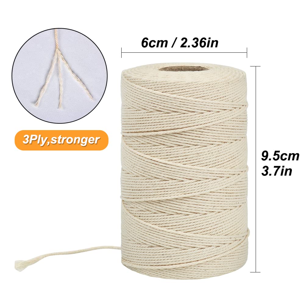 Cooking Twine, 3Ply 656Feet 1mm Food Safe Cotton Kitchen String Butchers Twine for Roasting, Trussing Turkey, Tying Meat, Making Sausage, Baking and More