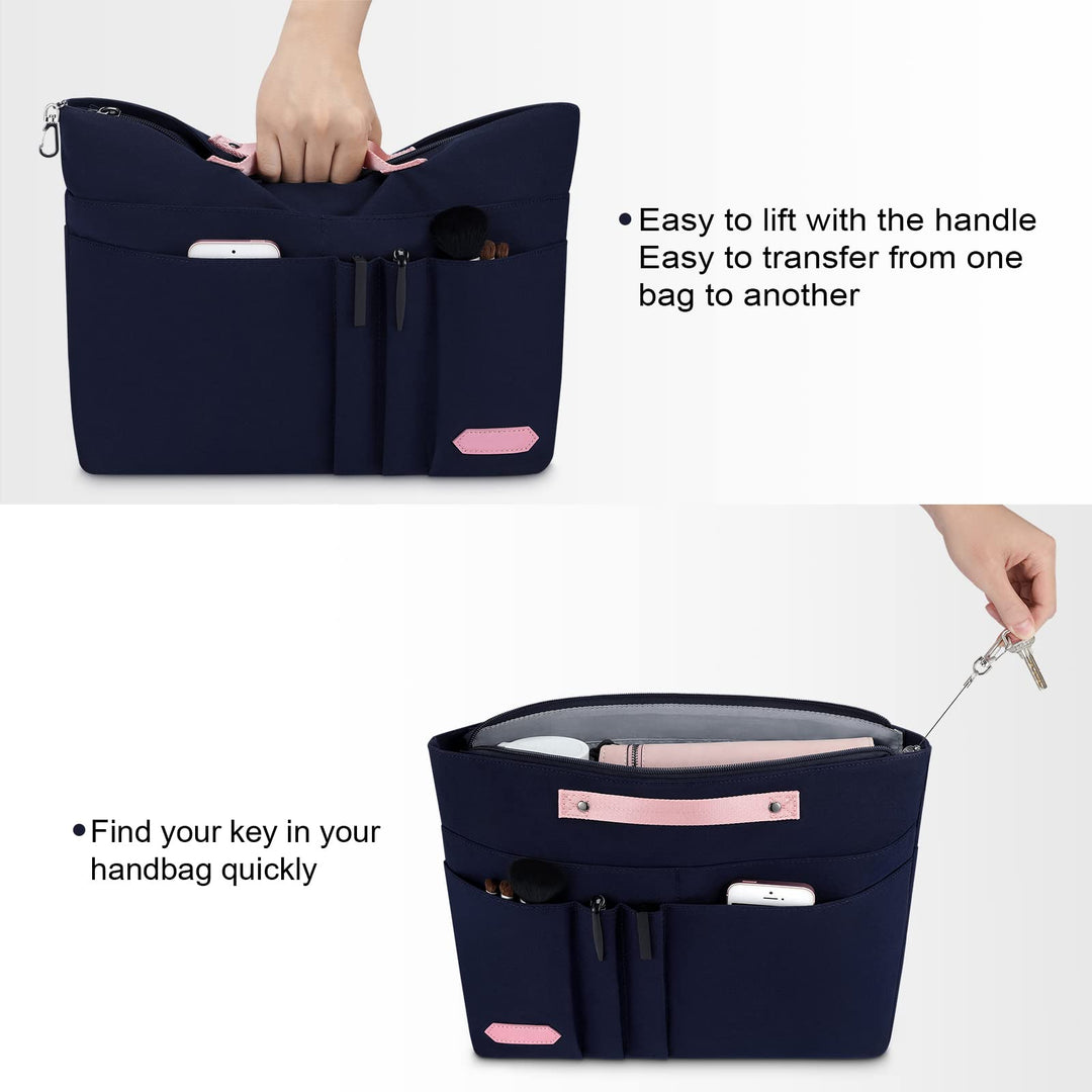 Purse Organizer Insert for Handbags,Tote Bag Organizer Insert Zipper Bag for Women, Handbag Organizer Inside Liner with 15 Pockets, Blue