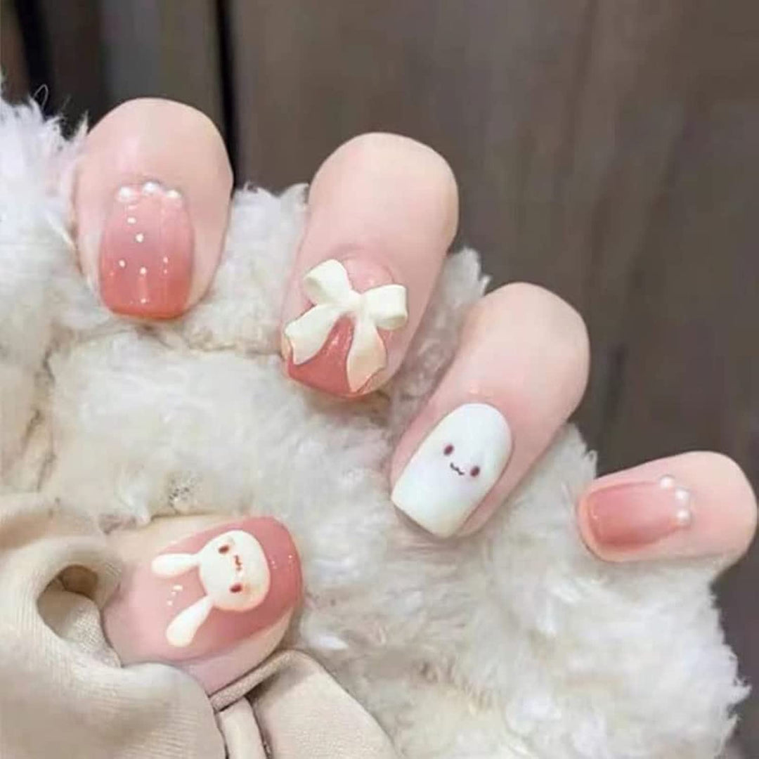 Cute Bunny Fake Press on Nails for Women Kid Cute Rabbit Fake Nails Pre-glue Short Full Cover False Nail Tips Stick on Nails Lovely Gift Girls Nail Art Decoration -Pink