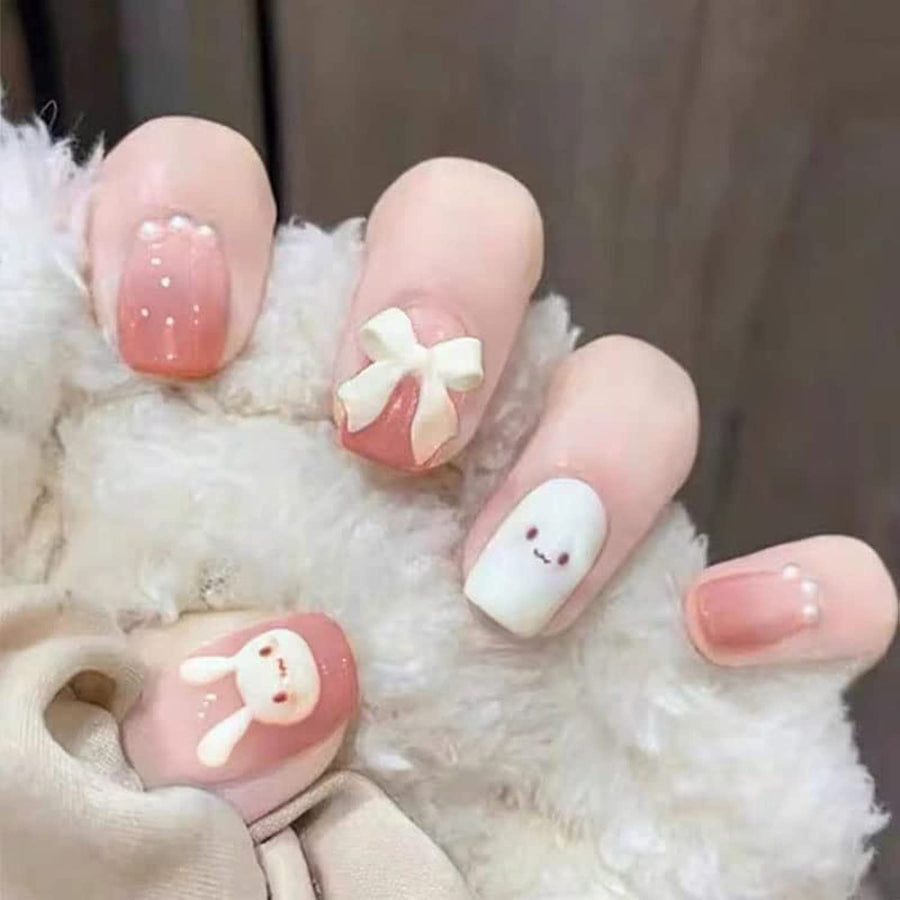 Cute Bunny Fake Press on Nails for Women Kid Cute Rabbit Fake Nails Pre-glue Short Full Cover False Nail Tips Stick on Nails Lovely Gift Girls Nail Art Decoration -Pink