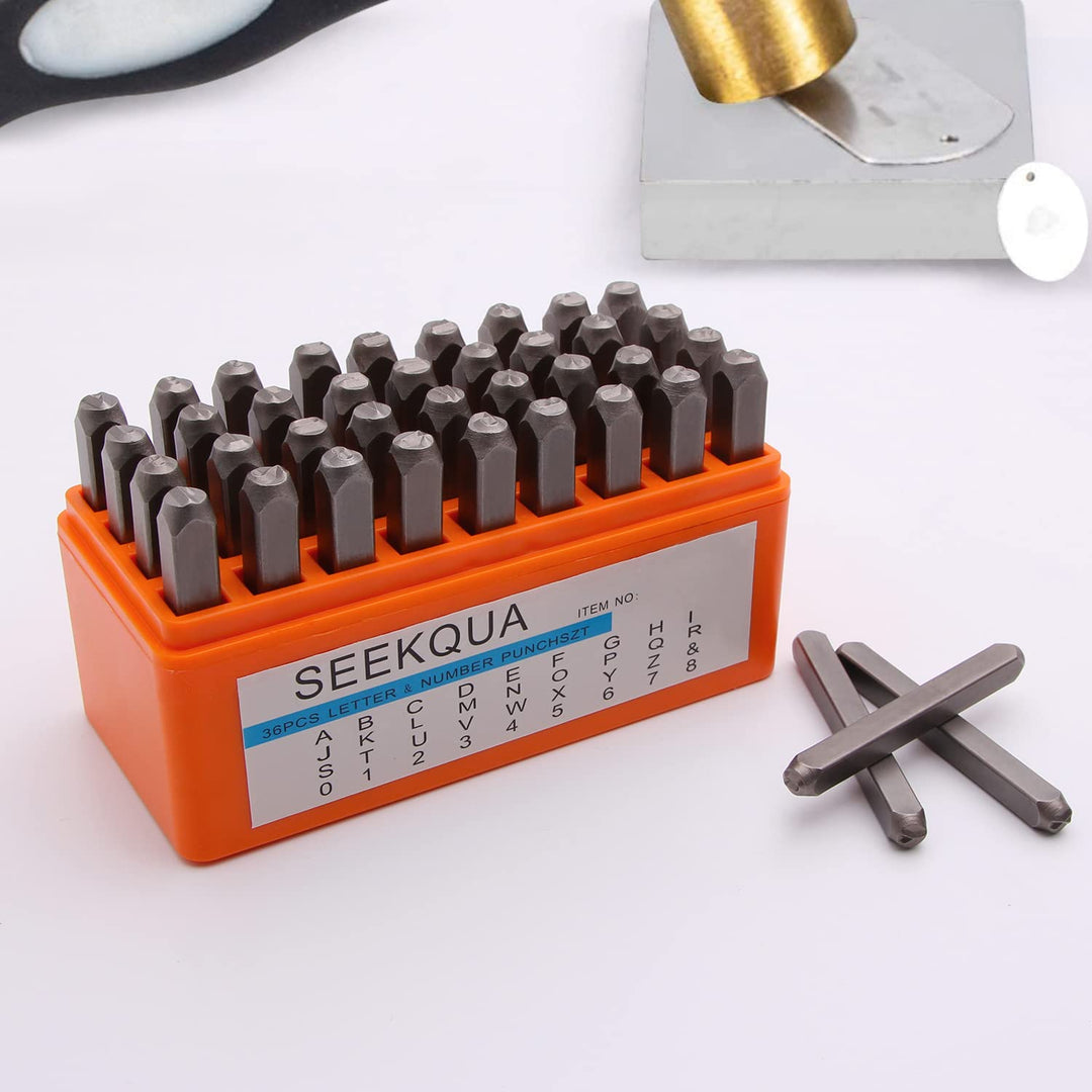 SEEKQUA 36PCS Letter and Number Steel Metal Stamp Capital Letter and Number Punch Set(A~Z, &, 0-8) with Storage Case for Jewelry Leather Wood Stamping (3mm)