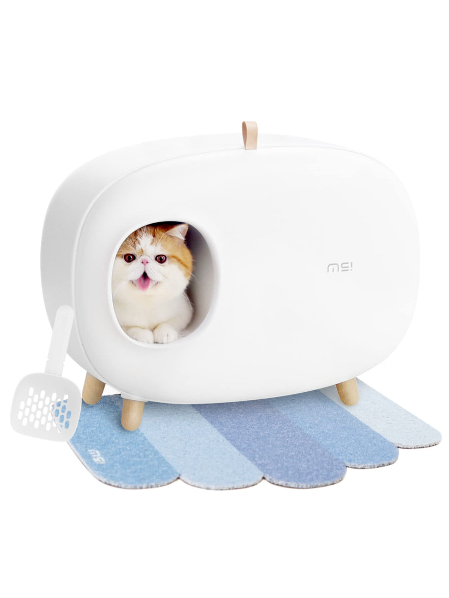 Cat Litter Box (with Litter Mat), Enclosed Design, Large Space Litter Box with Lid, Prevent Sand Leakage and Isolate Odors, Easy to Clean, with Cat Litter Scoop - White