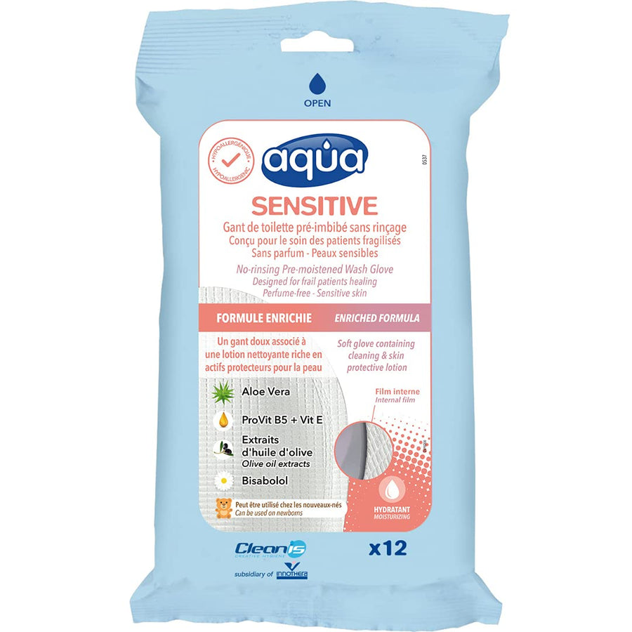 No Rinse Aqua Wash Gloves, Sensitive, 12 Count