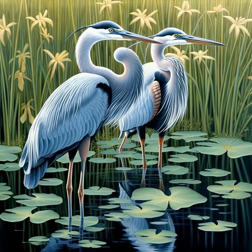 Round Full Drill Diamond Painting Set, 5D DIY Egret Diamond Art Painting by Numbers Bird Diamond Painting Crafts Kit for Adult Animal Lovers Paint with Diamonds for Room Decor (12X12 inches)