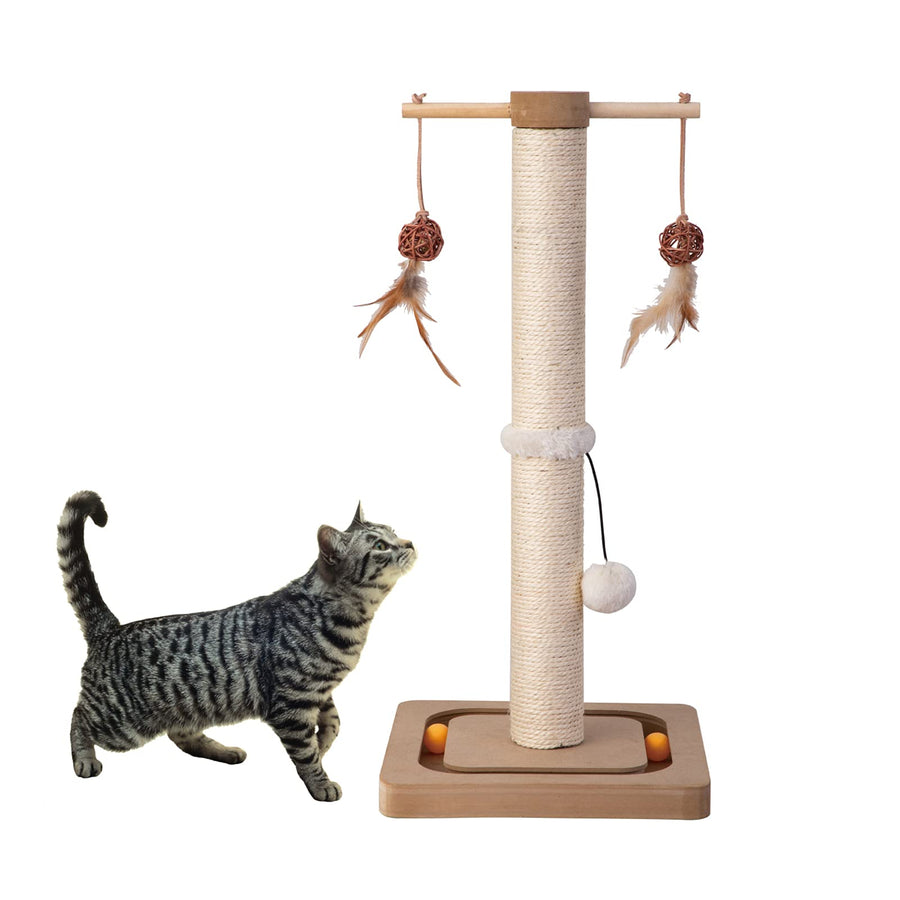 Cat Scratching Post Premium Sisal Scratch Posts with Tracking Interactive Toys Vertical Scratcher for Indoor Cats and Kittens- 25 inches Beige