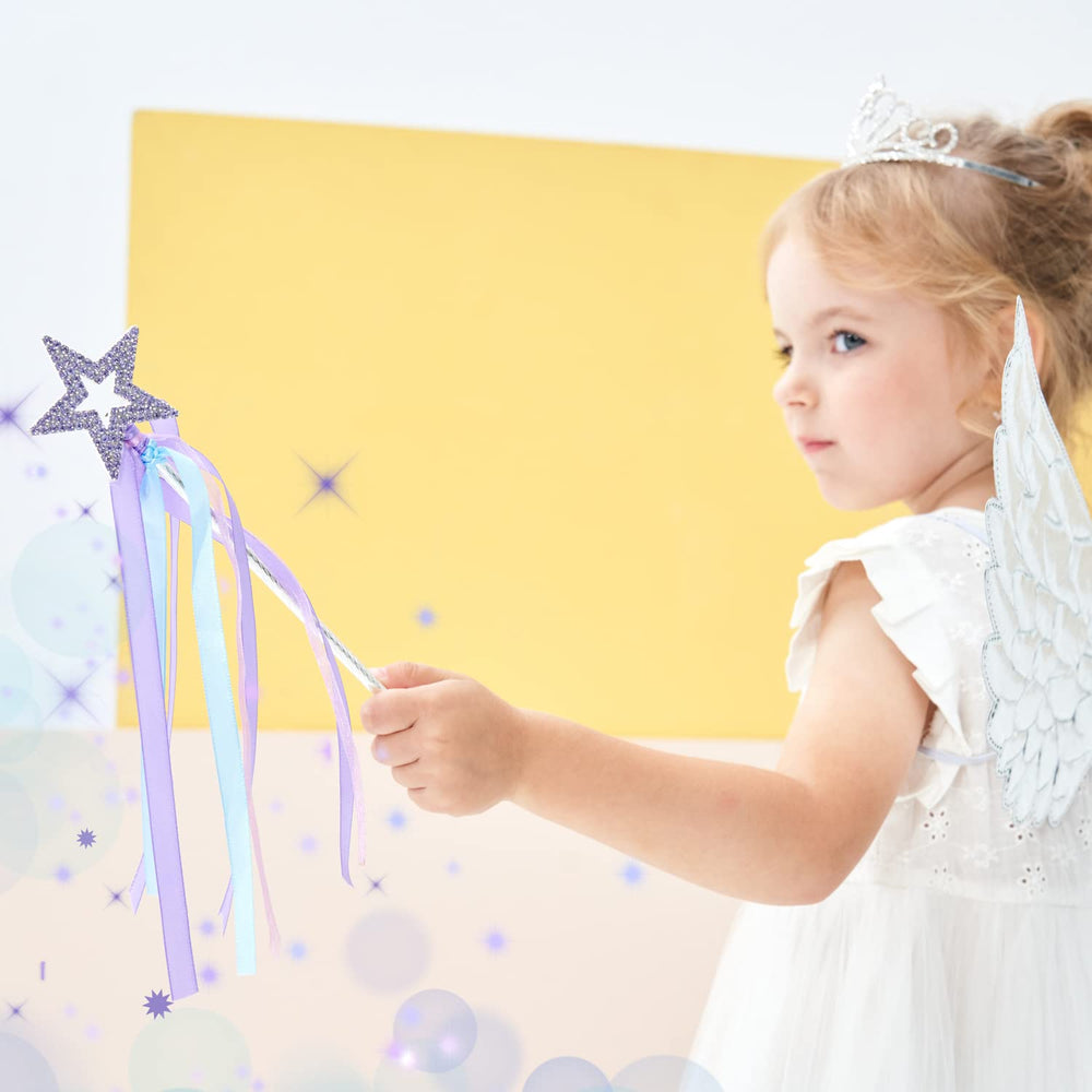 Lavender Crystal Metal Star Fairy Wand with Blue Ribbon for Girls Halloween Decorations