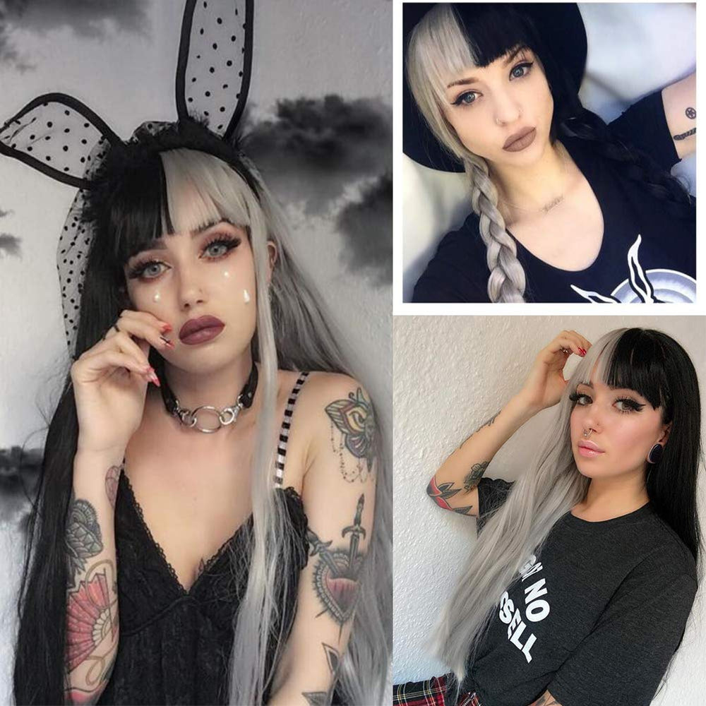Half Grey Half Black Wig for Women Long Straight Hair with Bangs Soft Natural Wigs for Cosplay Party Halloween