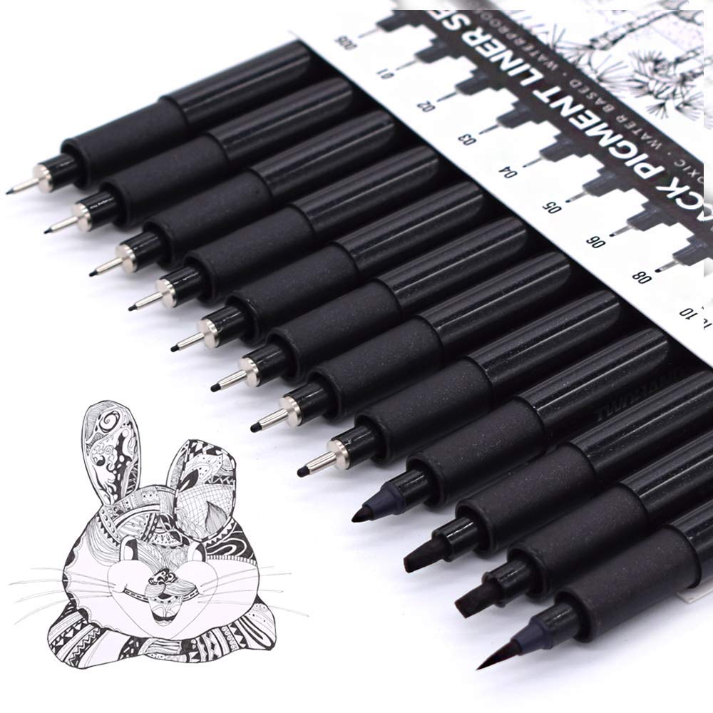 Art Pens,Fineliner Ink Pens,Set of 12 Technical Drawing pen,Pigment Pen,Fine Point,Black,Waterproof,for Art Watercolor,Sketching,Anime,Manga, 902188