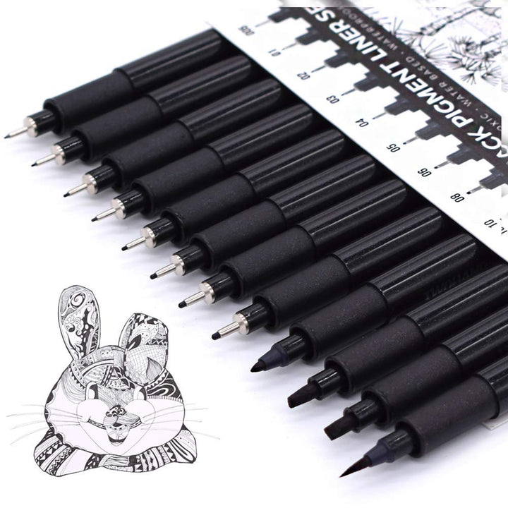 Art Pens,Fineliner Ink Pens,Set of 12 Technical Drawing pen,Pigment Pen,Fine Point,Black,Waterproof,for Art Watercolor,Sketching,Anime,Manga, 902188